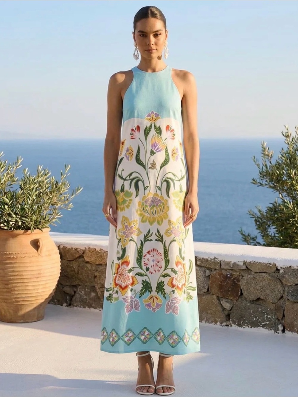 LA DoubleJ Blue Folk Flowers/Azzurro Placée Racer maxi dress